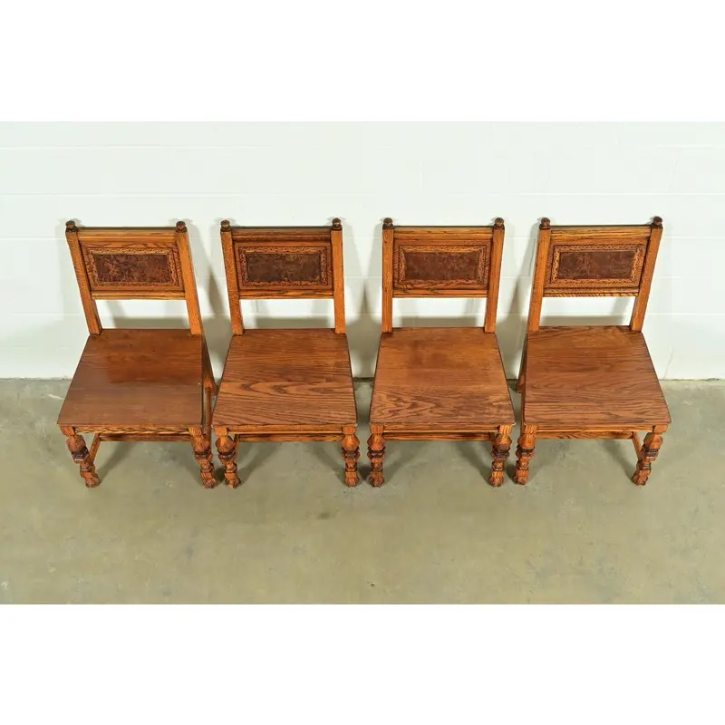 Early Romweber Antique English Jacobean Carved Oak and Burl Wood Dining Chairs, Set of Four - Image 5