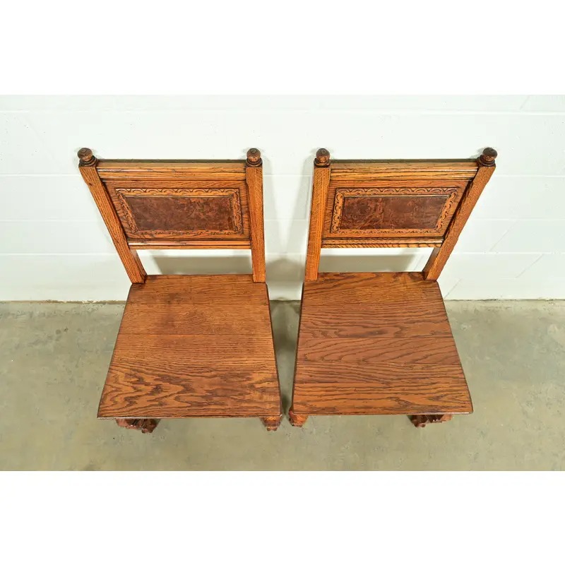 Early Romweber Antique English Jacobean Carved Oak and Burl Wood Side Chairs or Dining Chairs, Pair - Image 5