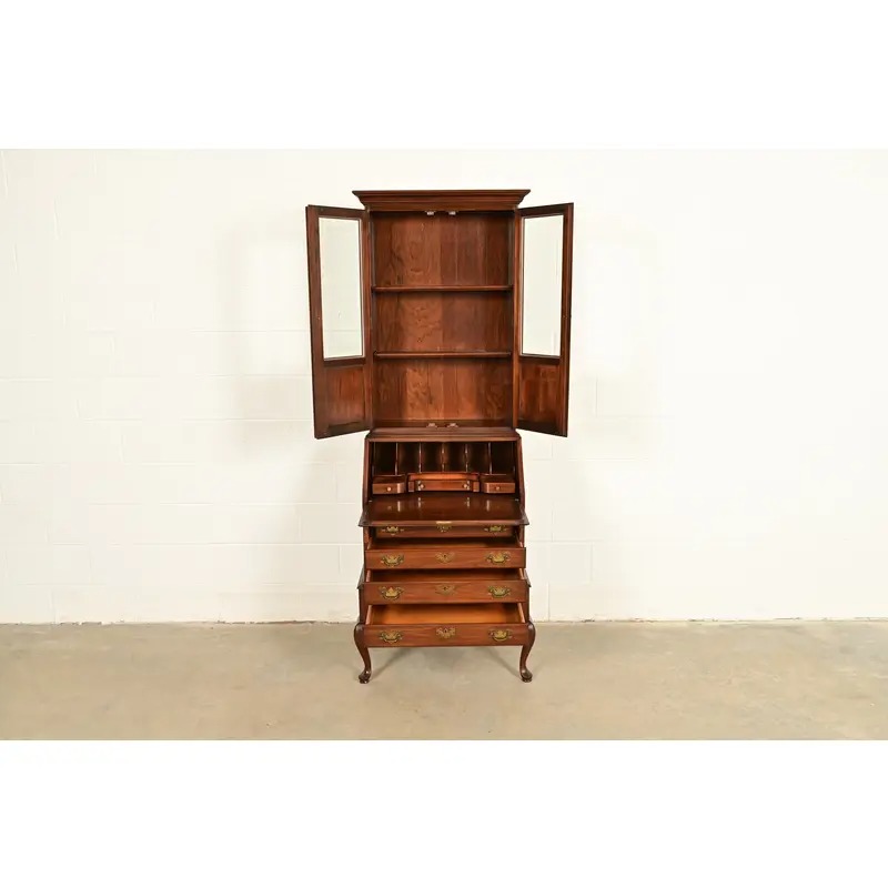 Ethan Allen Georgian Cherry Wood Bureau With Drop Front Secretary Desk and Bookcase Hutch, Circa 1970s - Image 5
