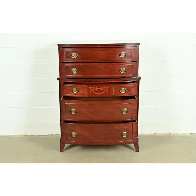 Federal Inlaid Mahogany Bow Front Highboy Dresser by National Furniture, Circa 1960s - Image 5