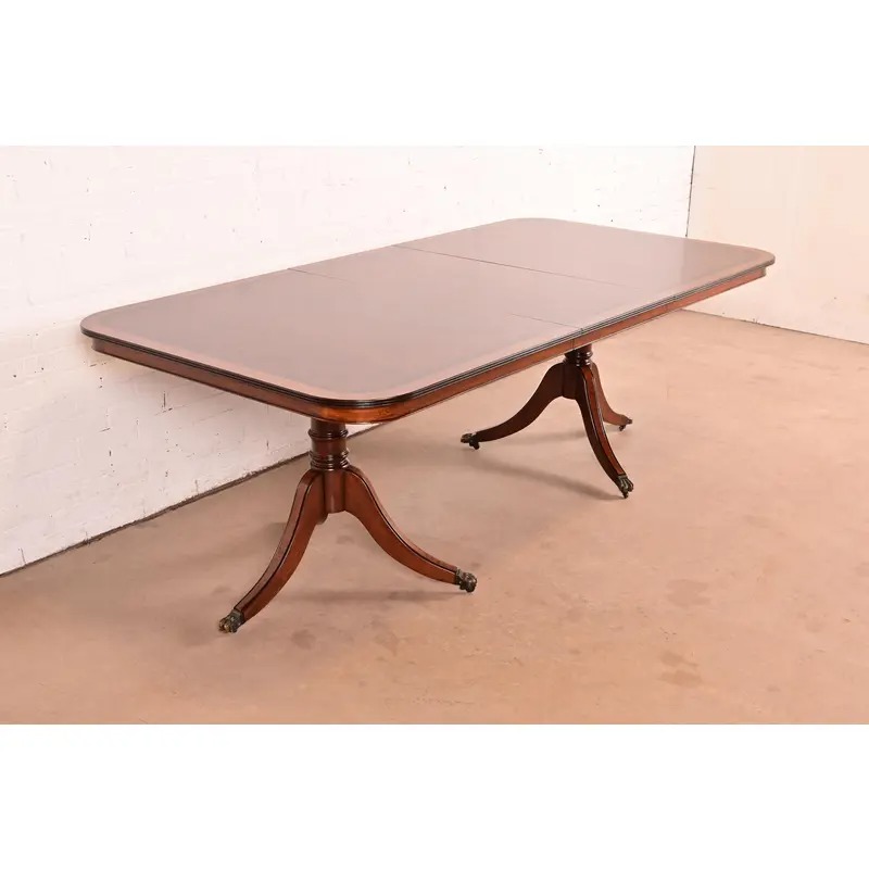 John Widdicomb Georgian Banded Mahogany Double Pedestal Extension Dining Table, Newly Refinished - Image 5