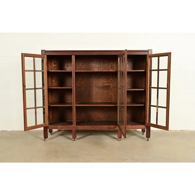 Stickley Brothers Style Antique Mission Oak Arts & Crafts Glass Front Triple Bookcase, Circa 1910 - Image 5