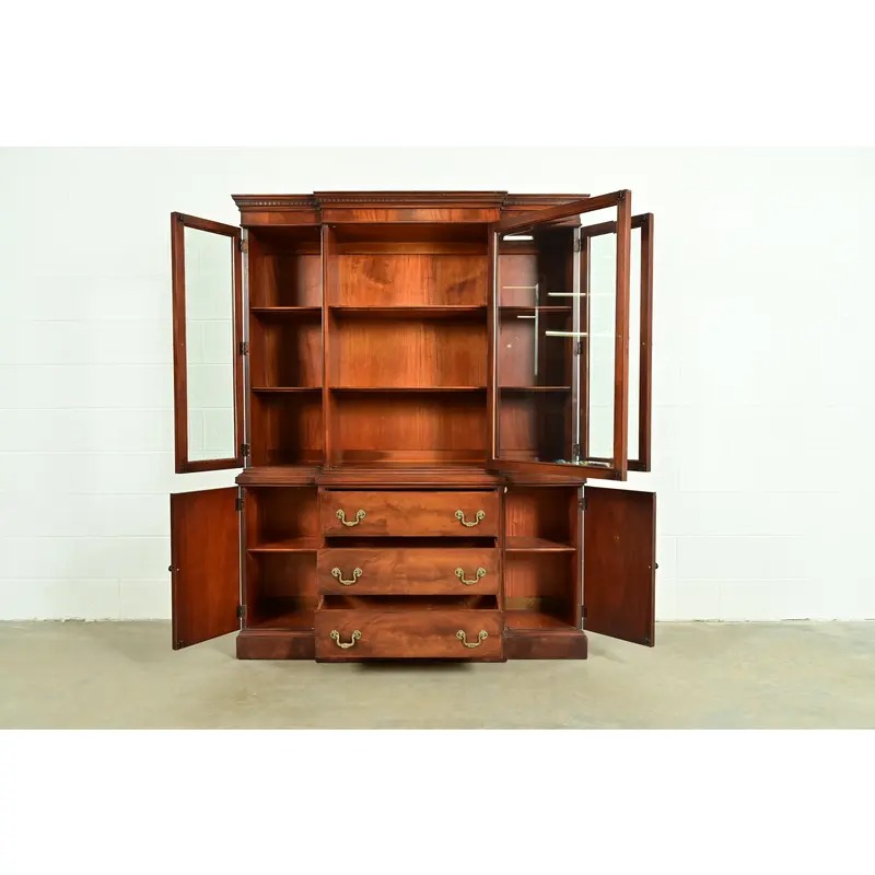 White Furniture Georgian Flame Mahogany Breakfront Bookcase Cabinet, Circa 1960s - Image 5