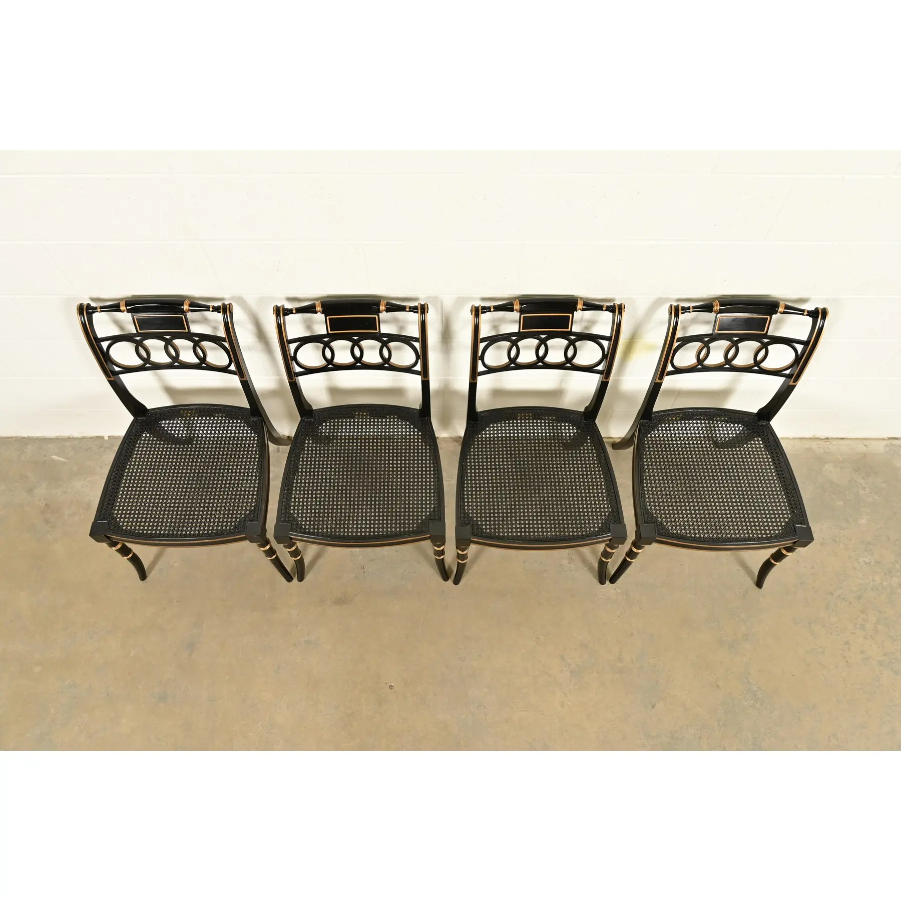 Baker Furniture Historic Charleston Regency Ebonized and Gold Gilt Dining Chairs, Set of Four - Image 6