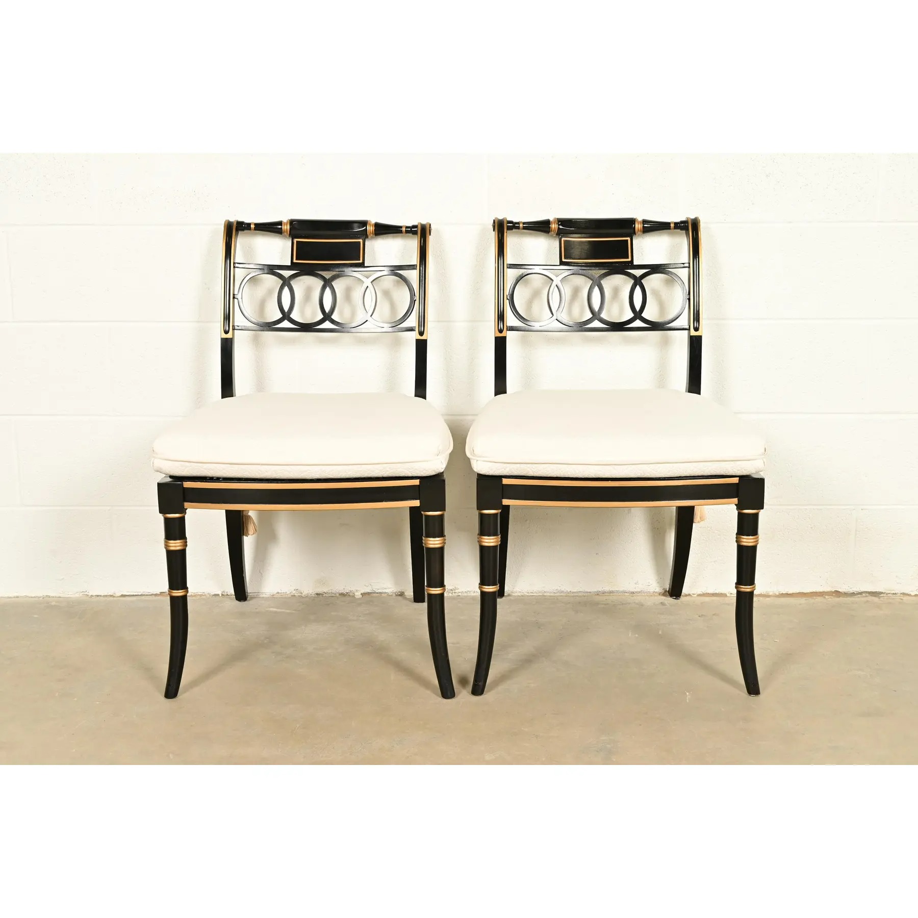 Baker Furniture Historic Charleston Regency Ebonized and Gold Gilt Side Chairs or Dining Chairs, Pair - Image 3