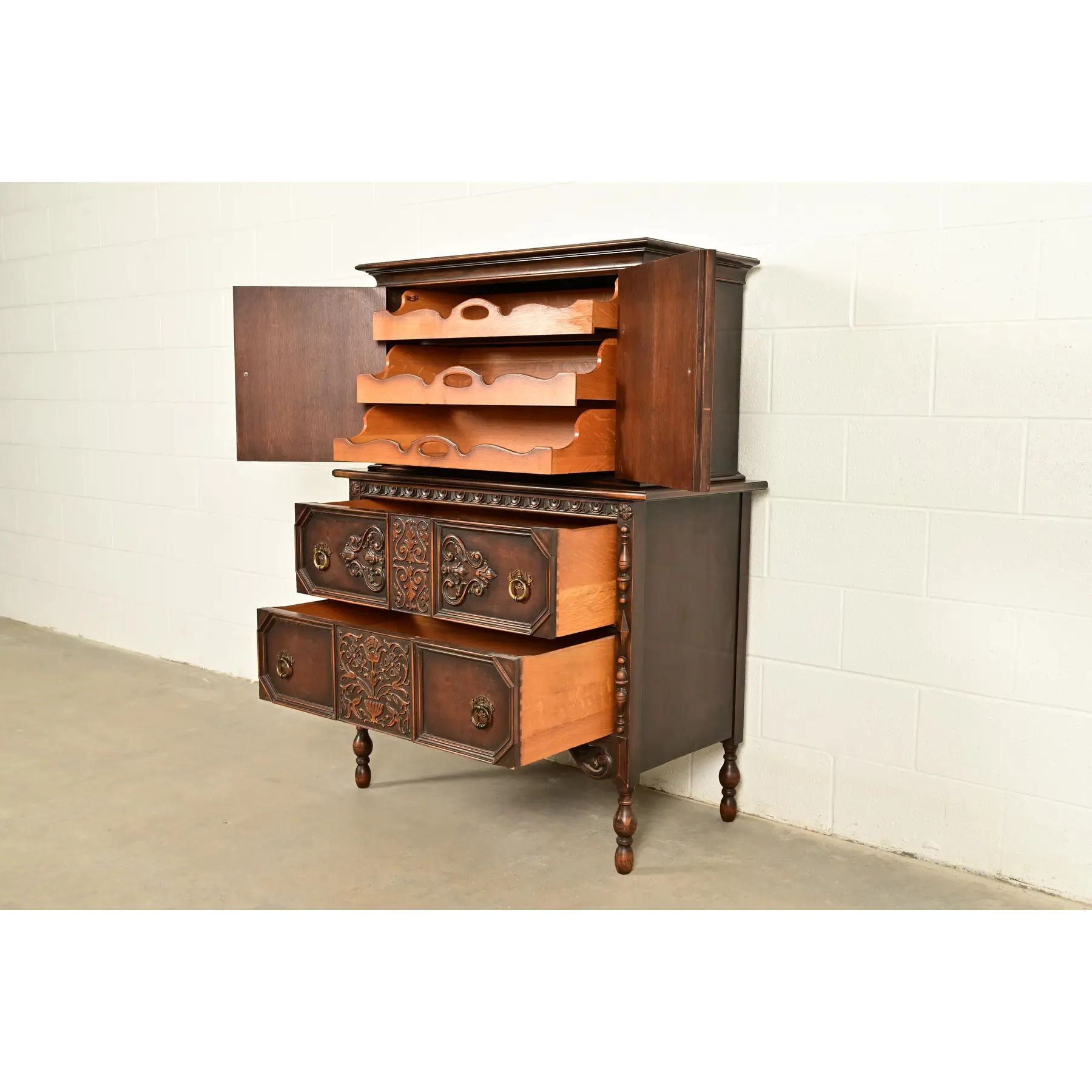 Berkey & Gay Style Antique English Jacobean Carved Walnut Highboy Dresser, Circa 1920s - Image 6