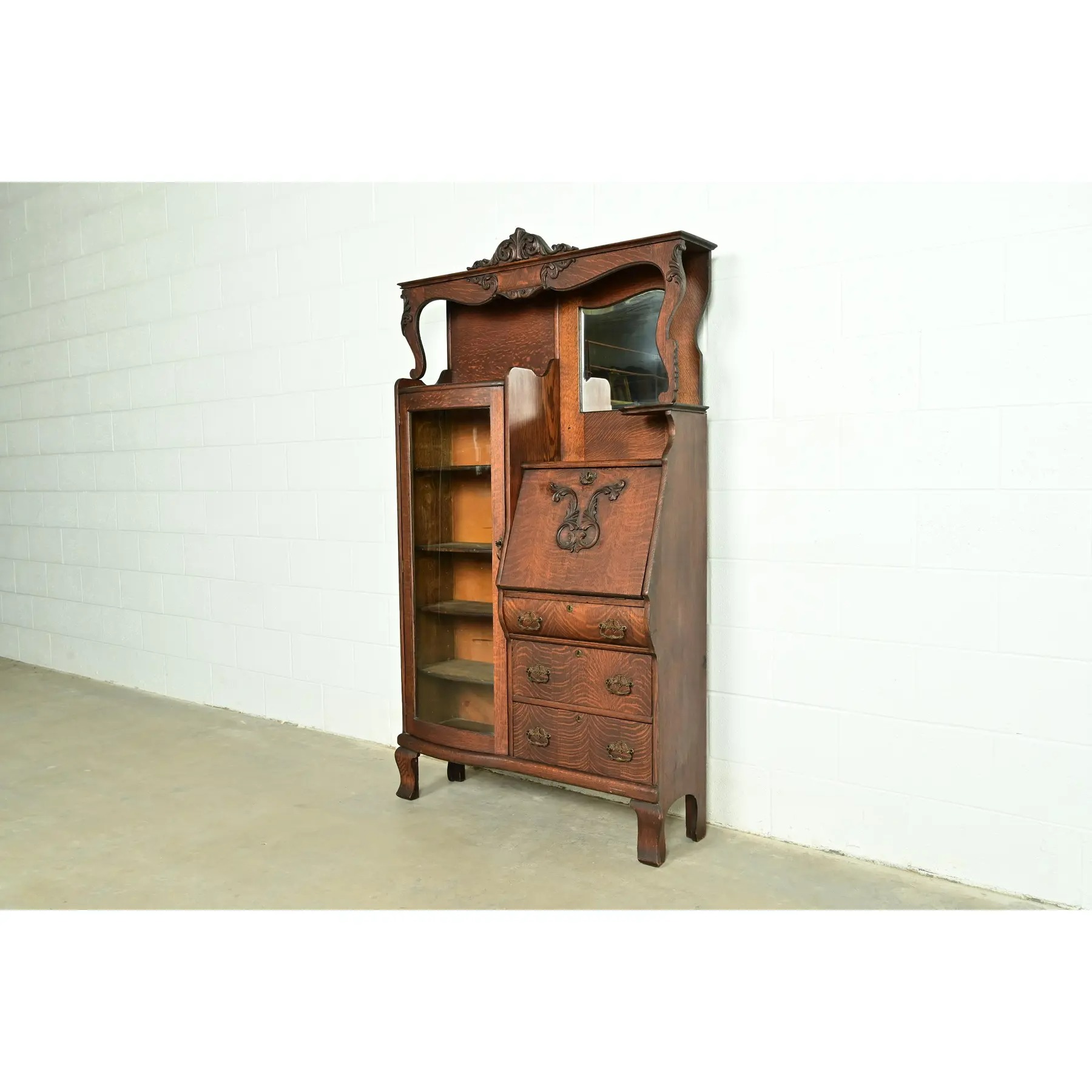 Early Baker Furniture Antique Victorian Carved Tiger Oak Side-by-Side Bookcase With Drop Front Secretary Desk, Circa 1900 - Image 3