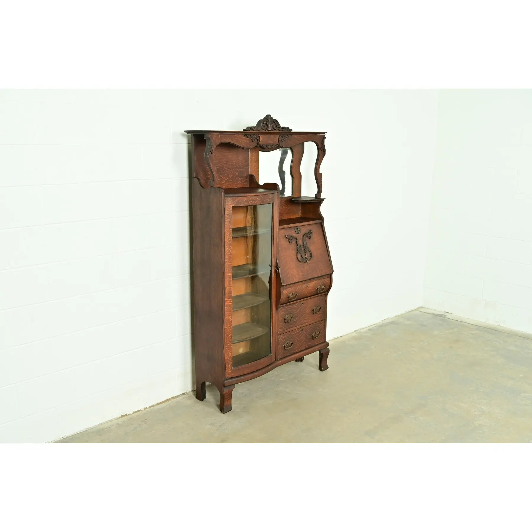 Early Baker Furniture Antique Victorian Carved Tiger Oak Side-by-Side Bookcase With Drop Front Secretary Desk, Circa 1900 - Image 4