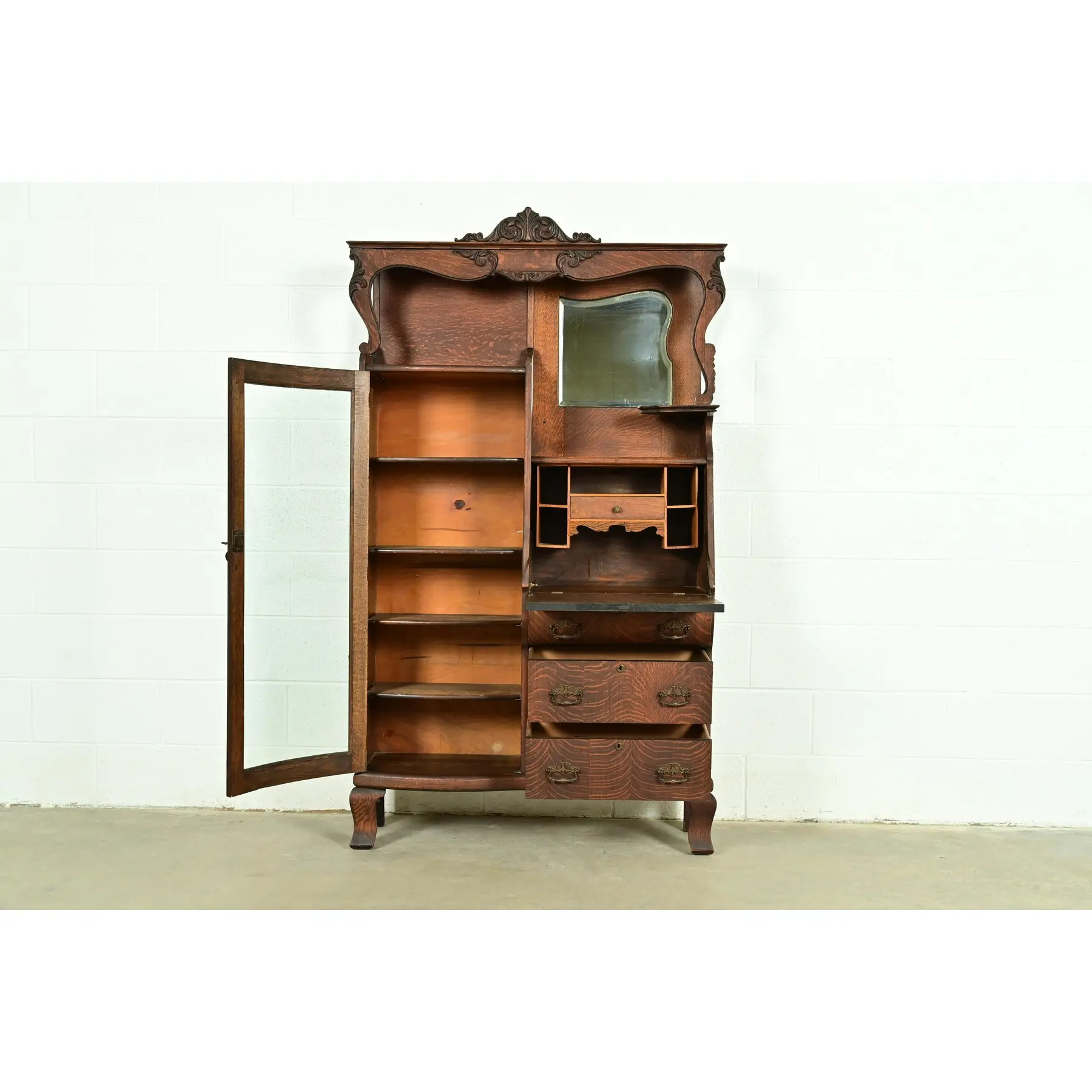 Early Baker Furniture Antique Victorian Carved Tiger Oak Side-by-Side Bookcase With Drop Front Secretary Desk, Circa 1900 - Image 5