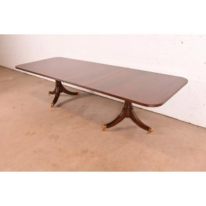 Maitland Smith Georgian Flame Mahogany Double Pedestal Extension Dining Table, Newly Refinished