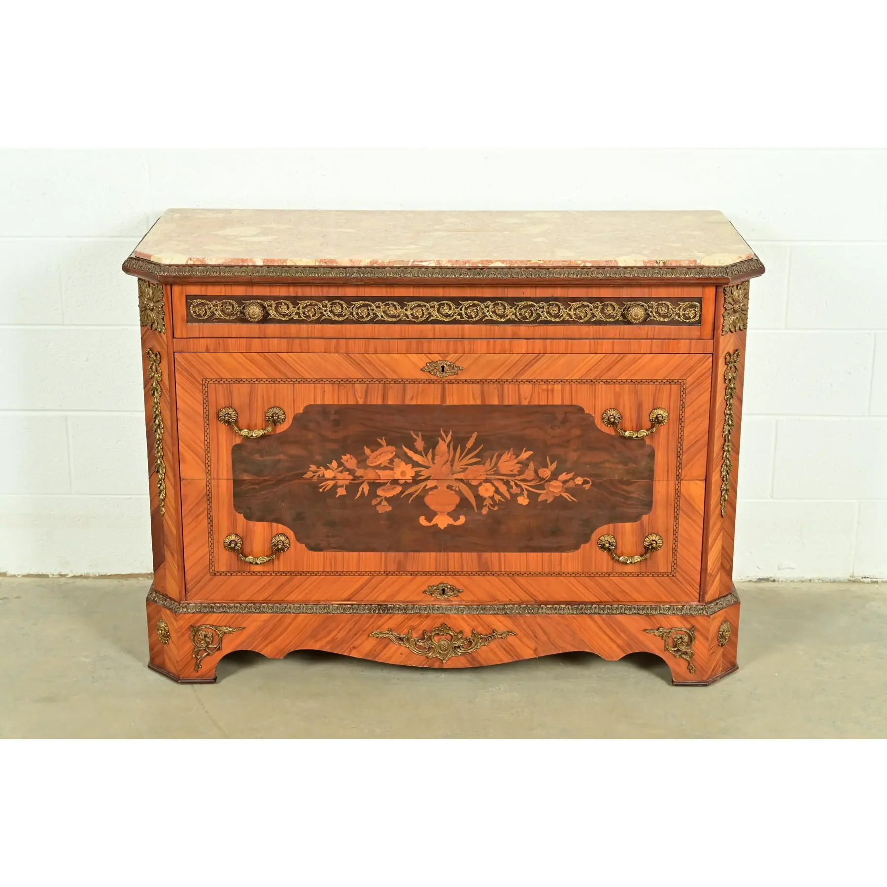 Paul Sormani Style French Regency Louis XVI Kingwood Inlaid Marquetry Marble Top Commode With Mounted Gilt Bronze Ormolu - Image 2