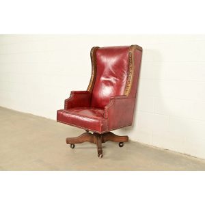 Romweber Viking Oak and Leather High Back Executive Swivel Desk Chair, Circa 1960s