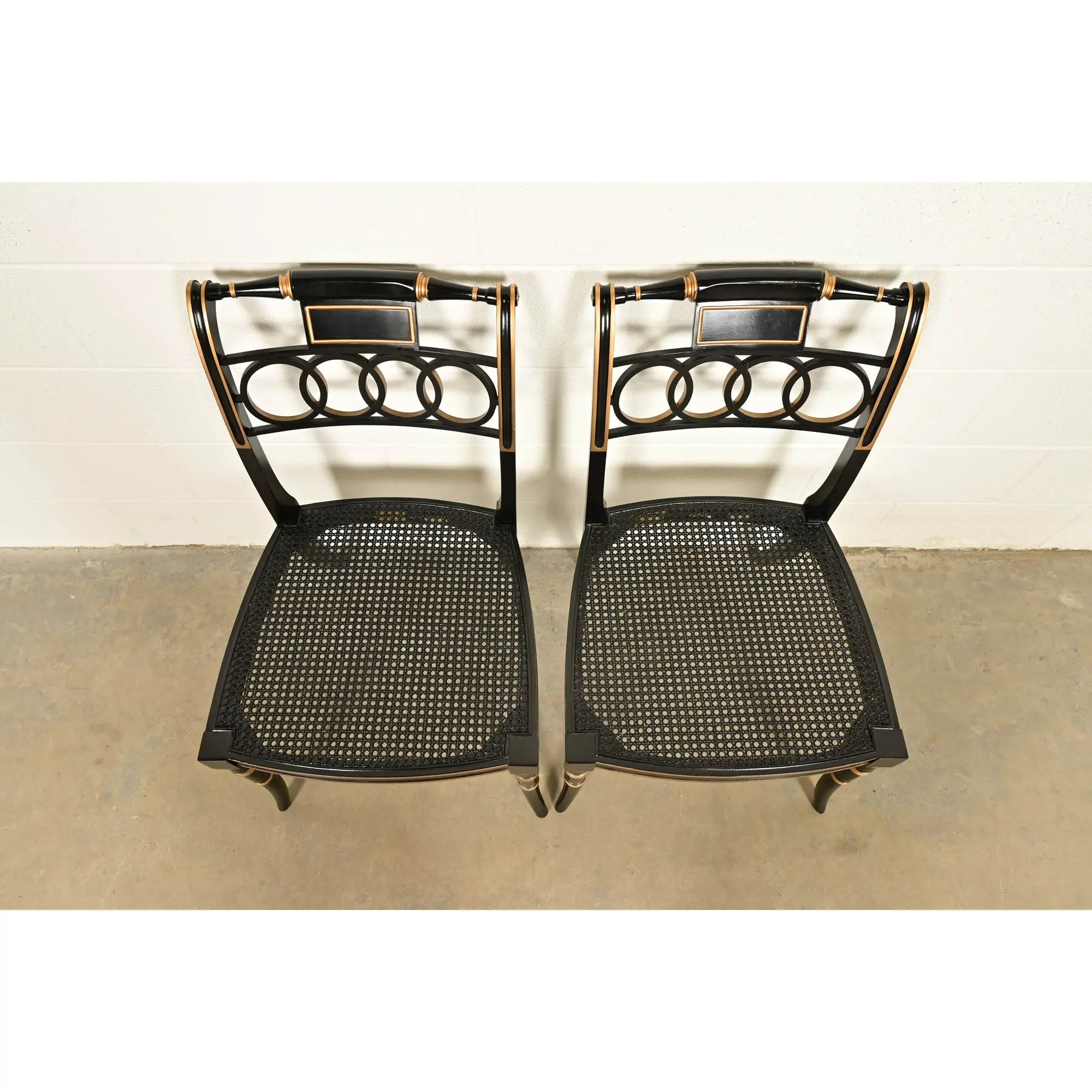 Baker Furniture Historic Charleston Regency Ebonized and Gold Gilt Side Chairs or Dining Chairs, Pair - Image 6