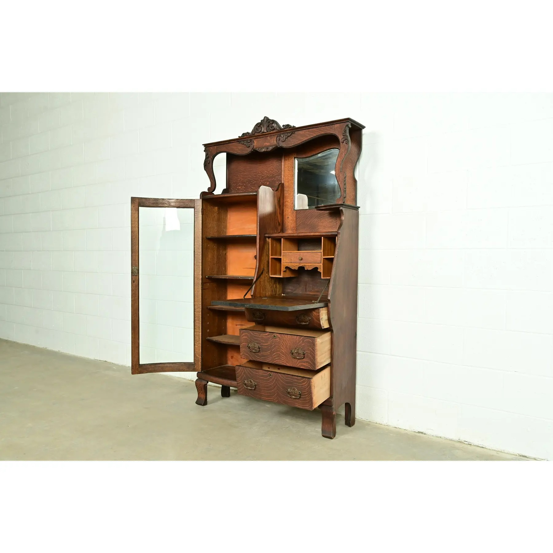 Early Baker Furniture Antique Victorian Carved Tiger Oak Side-by-Side Bookcase With Drop Front Secretary Desk, Circa 1900 - Image 6