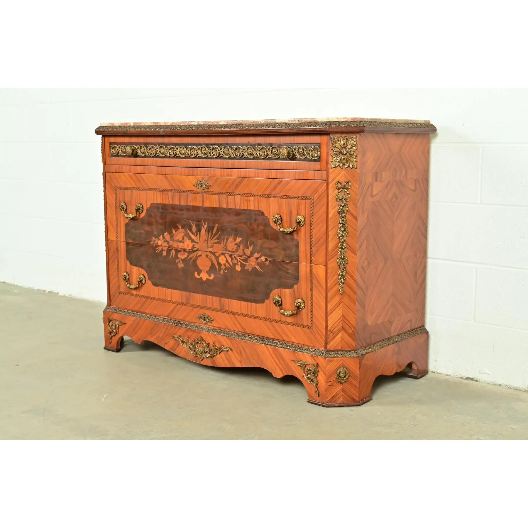 Paul Sormani Style French Regency Louis XVI Kingwood Inlaid Marquetry Marble Top Commode With Mounted Gilt Bronze Ormolu - Image 3