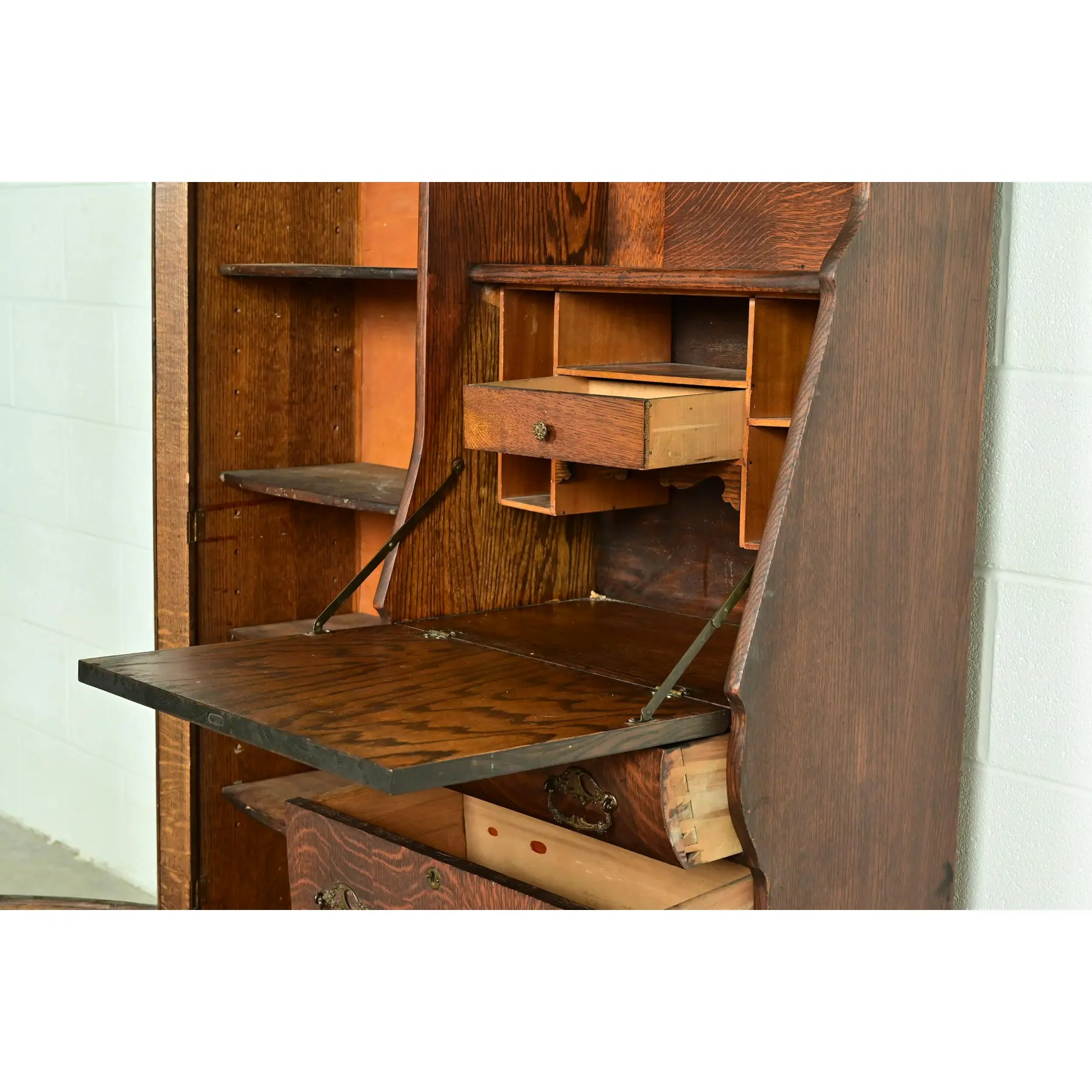 Early Baker Furniture Antique Victorian Carved Tiger Oak Side-by-Side Bookcase With Drop Front Secretary Desk, Circa 1900 - Image 7