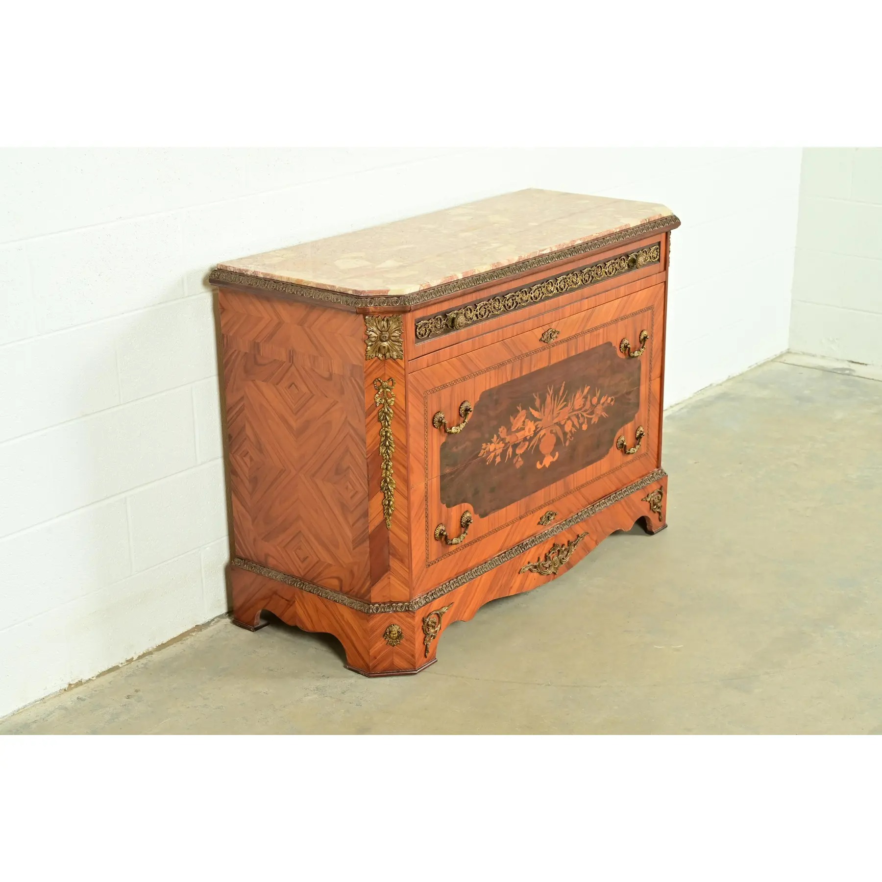 Paul Sormani Style French Regency Louis XVI Kingwood Inlaid Marquetry Marble Top Commode With Mounted Gilt Bronze Ormolu - Image 4