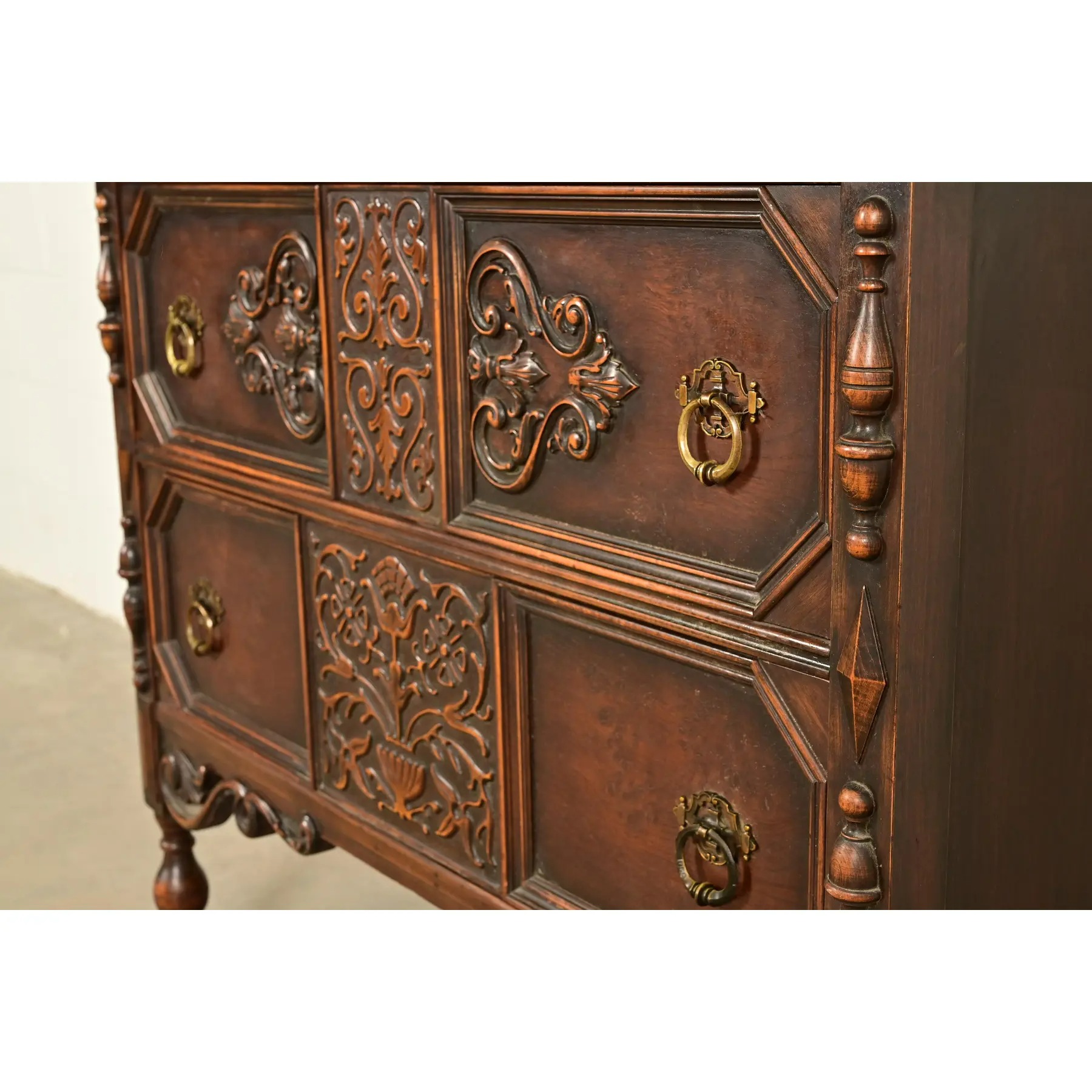 Berkey & Gay Style Antique English Jacobean Carved Walnut Highboy Dresser, Circa 1920s - Image 11
