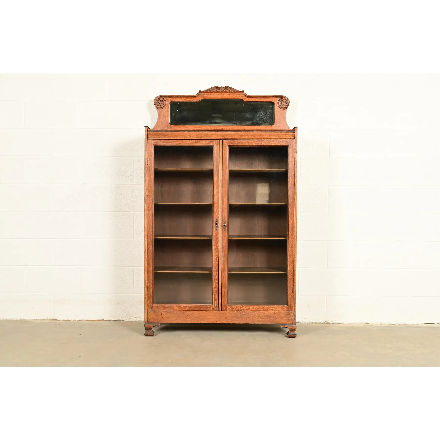 Antique Victorian Carved Oak Two-Door Bookcase, Circa 1890s