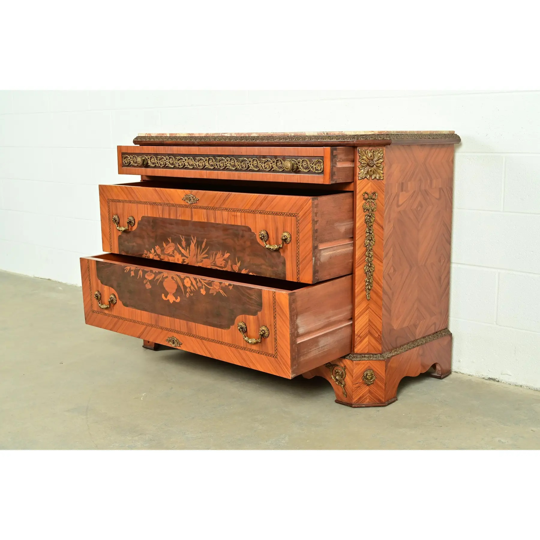 Paul Sormani Style French Regency Louis XVI Kingwood Inlaid Marquetry Marble Top Commode With Mounted Gilt Bronze Ormolu - Image 6