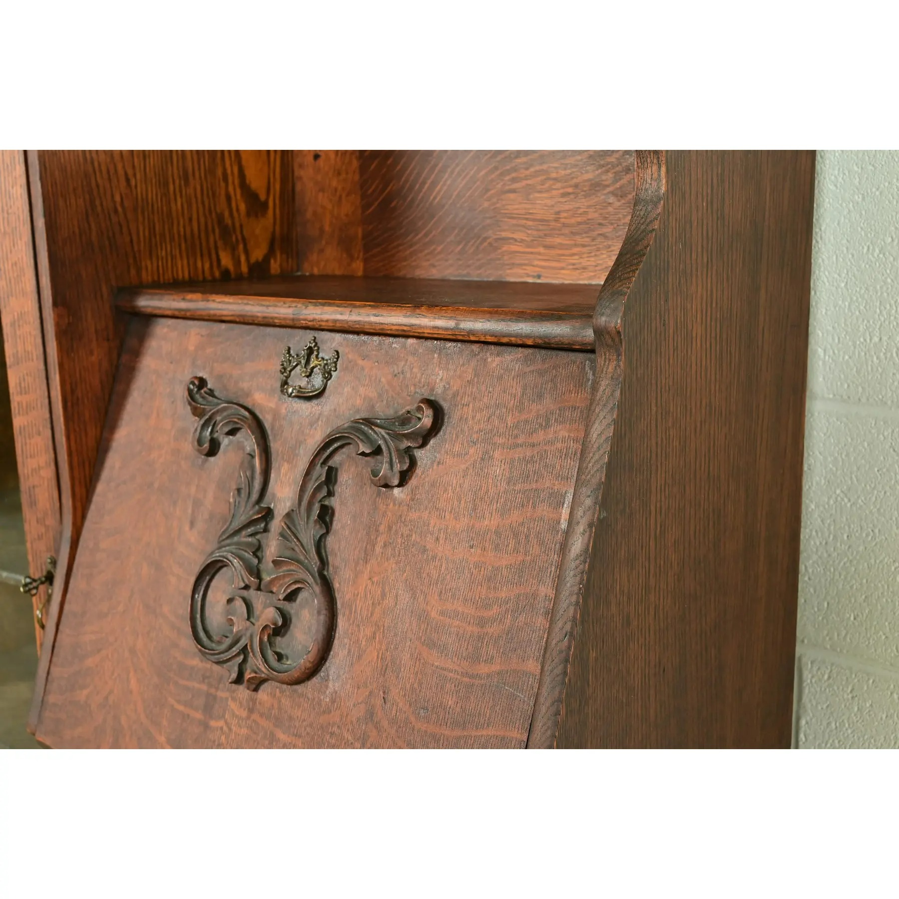 Early Baker Furniture Antique Victorian Carved Tiger Oak Side-by-Side Bookcase With Drop Front Secretary Desk, Circa 1900 - Image 9
