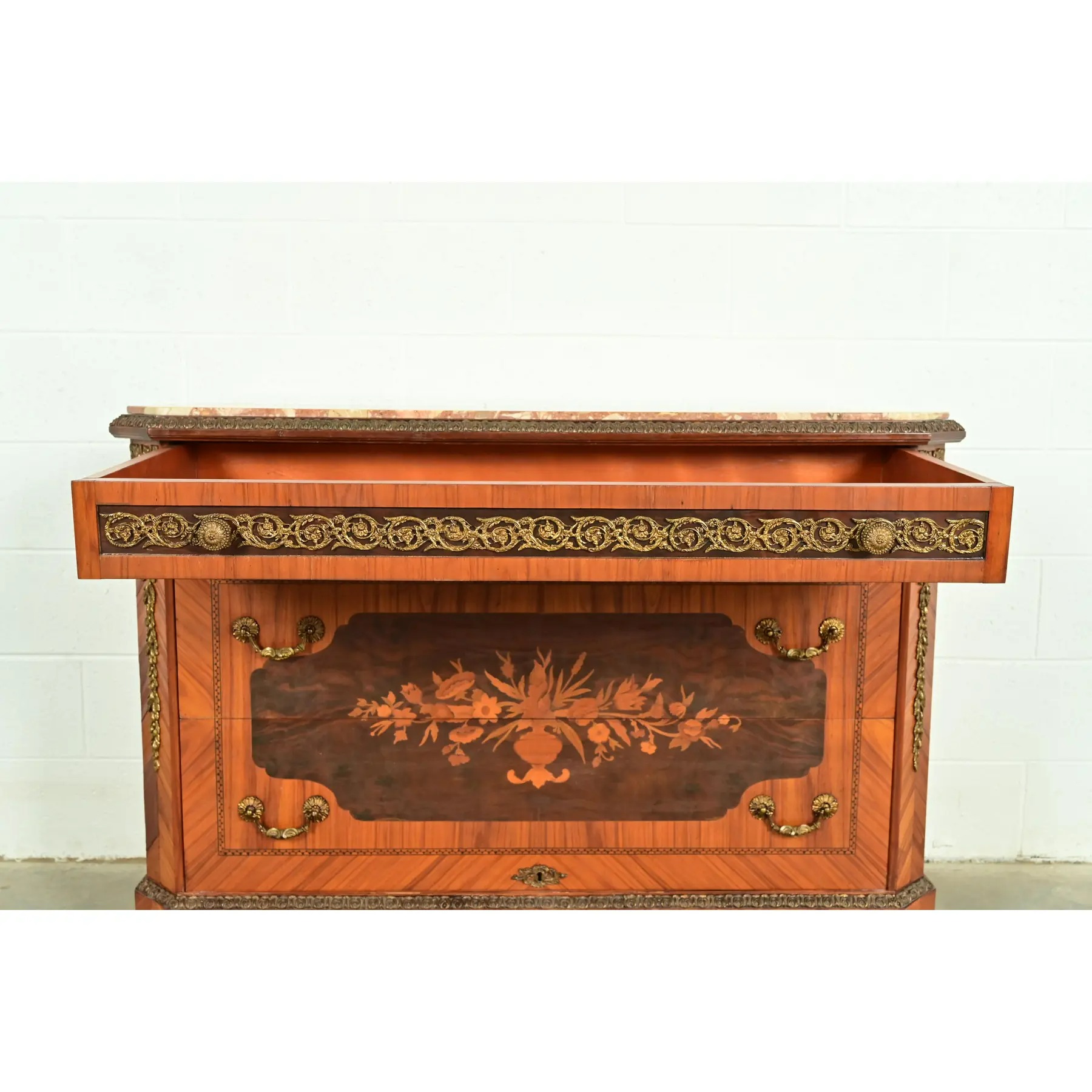 Paul Sormani Style French Regency Louis XVI Kingwood Inlaid Marquetry Marble Top Commode With Mounted Gilt Bronze Ormolu - Image 7