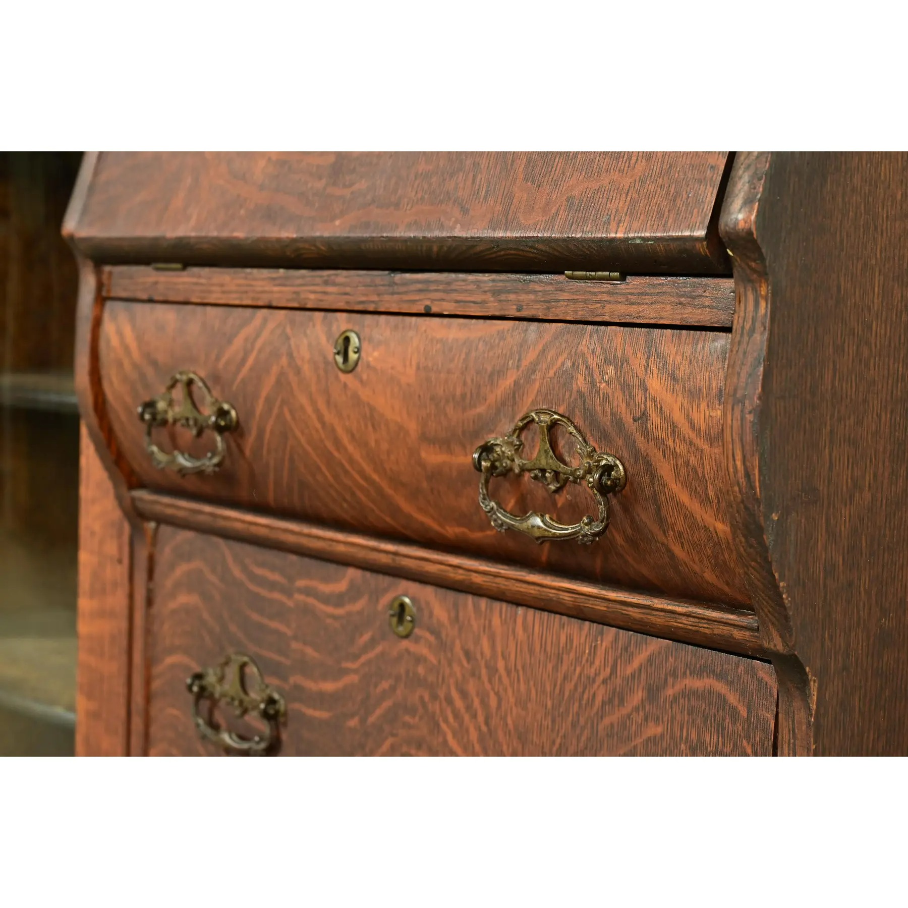 Early Baker Furniture Antique Victorian Carved Tiger Oak Side-by-Side Bookcase With Drop Front Secretary Desk, Circa 1900 - Image 10