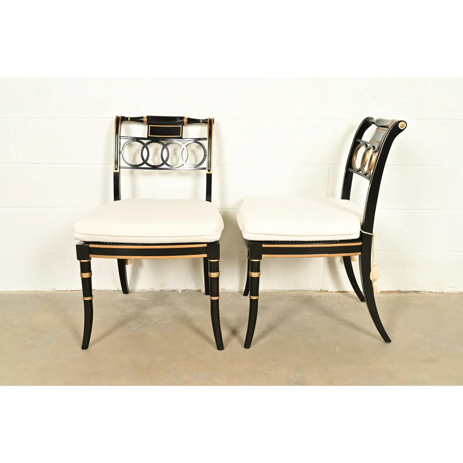 Baker Furniture Historic Charleston Regency Ebonized and Gold Gilt Side Chairs or Dining Chairs, Pair - Image 12
