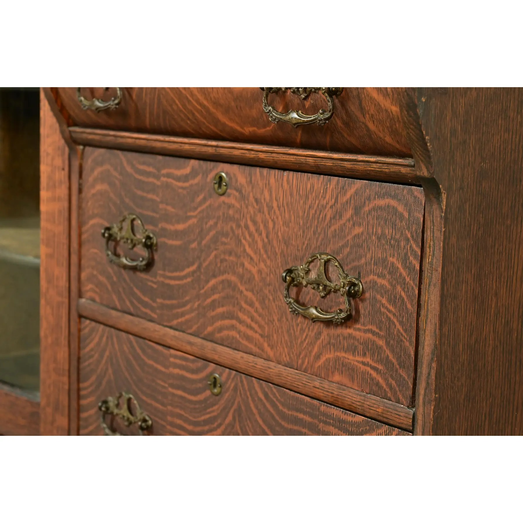 Early Baker Furniture Antique Victorian Carved Tiger Oak Side-by-Side Bookcase With Drop Front Secretary Desk, Circa 1900 - Image 11