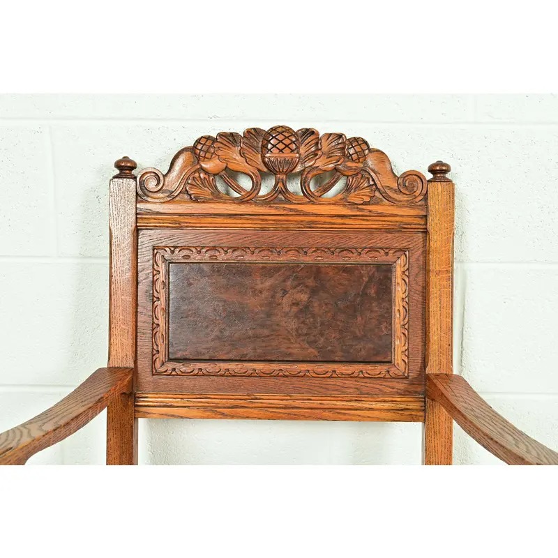 Early Romweber Antique English Jacobean Carved Oak and Burl Wood Armchairs, Pair - Image 6
