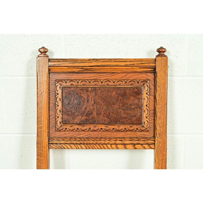 Early Romweber Antique English Jacobean Carved Oak and Burl Wood Dining Chairs, Set of Four - Image 6