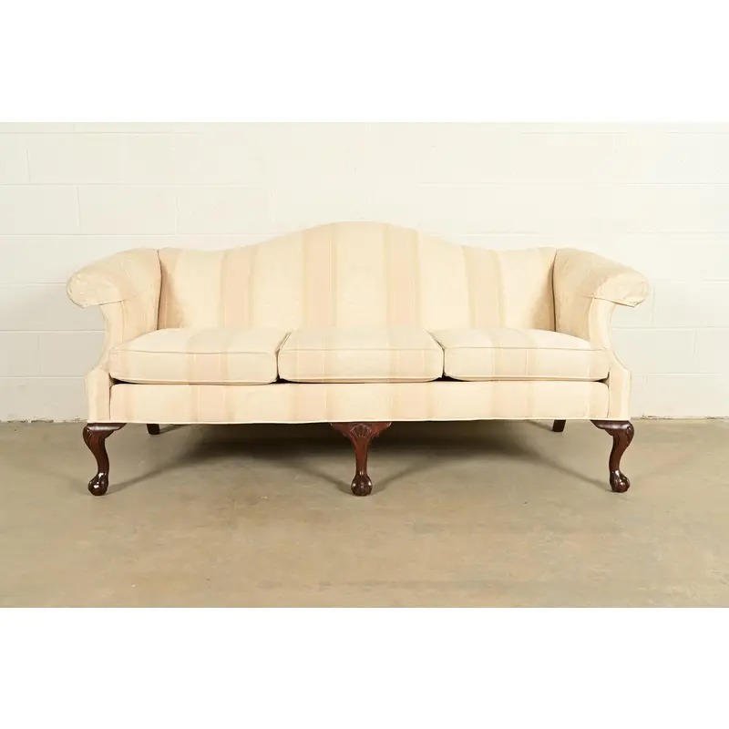 Ethan Allen Chippendale Carved Mahogany Upholstered Camelback Sofa - Image 6