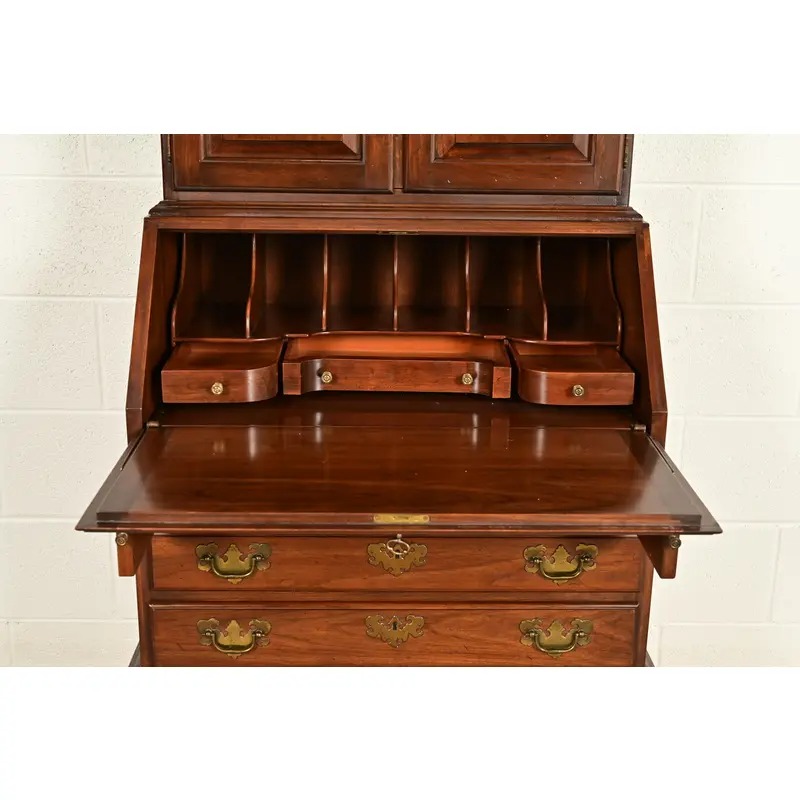 Ethan Allen Georgian Cherry Wood Bureau With Drop Front Secretary Desk and Bookcase Hutch, Circa 1970s - Image 6