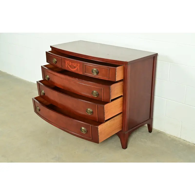 Federal Inlaid Mahogany Bow Front Dresser Chest by National Furniture, Circa 1960s - Image 6