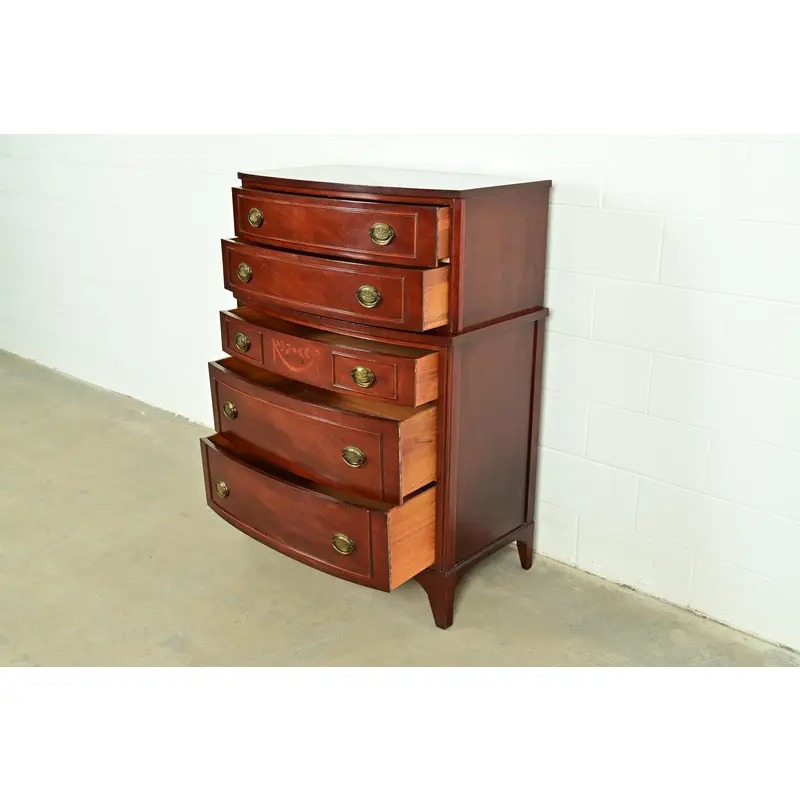 Federal Inlaid Mahogany Bow Front Highboy Dresser by National Furniture, Circa 1960s - Image 6