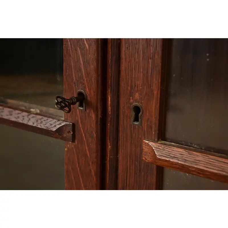 Stickley Brothers Style Antique Mission Oak Arts & Crafts Glass Front Triple Bookcase, Circa 1910 - Image 6