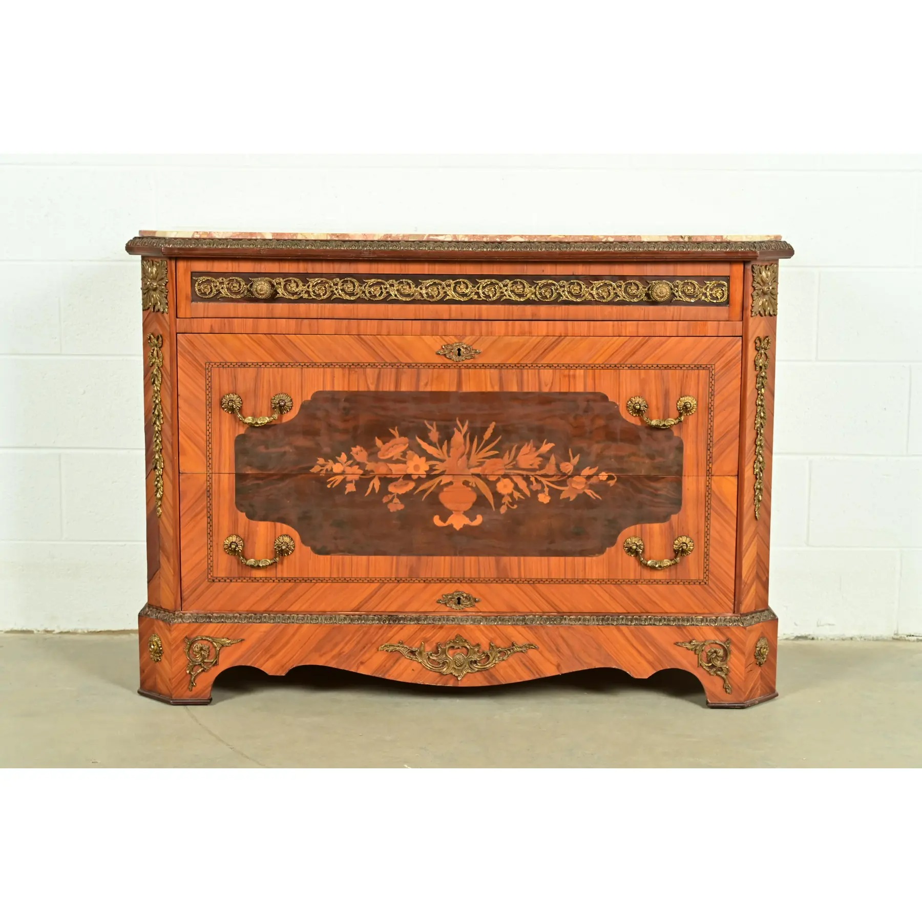 Paul Sormani Style French Regency Louis XVI Kingwood Inlaid Marquetry Marble Top Commode With Mounted Gilt Bronze Ormolu