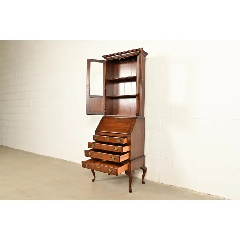 Ethan Allen Georgian Cherry Wood Bureau With Drop Front Secretary Desk and Bookcase Hutch, Circa 1970s - Image 7