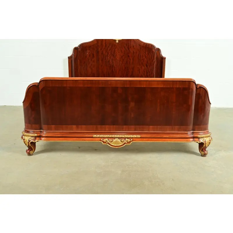 Paul Sormani Style Antique French Provincial Louis XV Burled Mahogany and Gold Gilt Queen Size Bed - Image 7