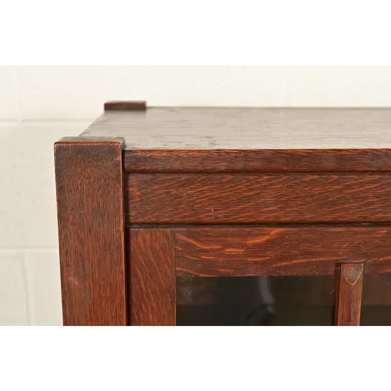 Stickley Brothers Style Antique Mission Oak Arts & Crafts Glass Front Triple Bookcase, Circa 1910 - Image 7