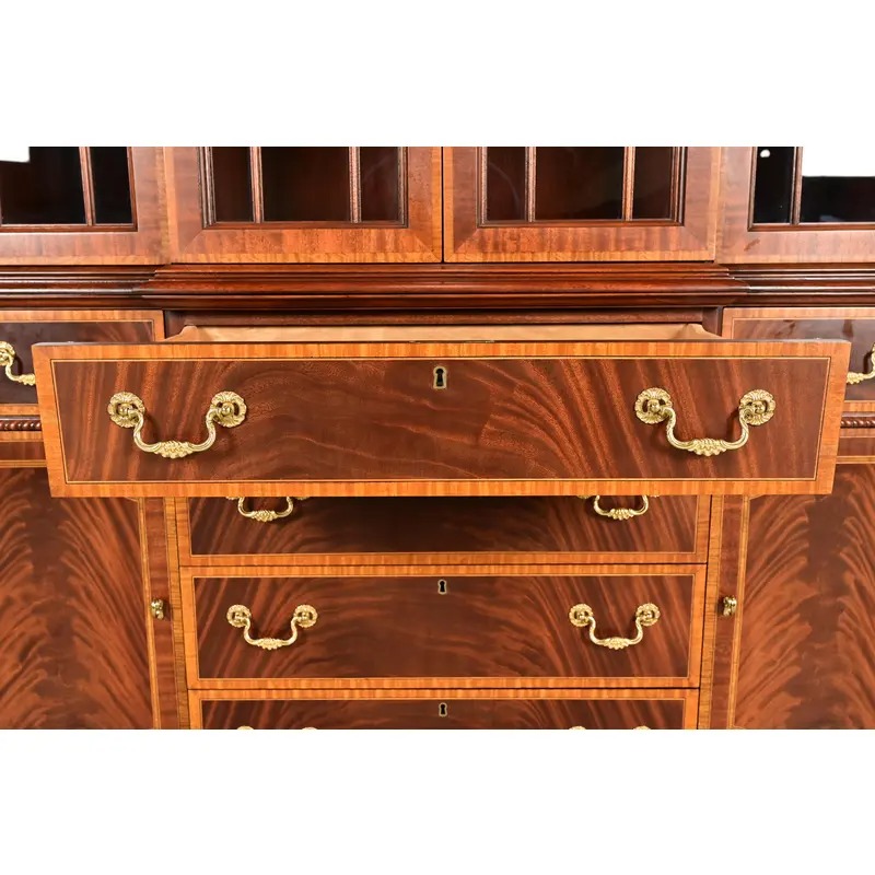 Councill Craftsmen Georgian Banded Flame Mahogany Lighted Breakfront Bookcase Cabinet - Image 8