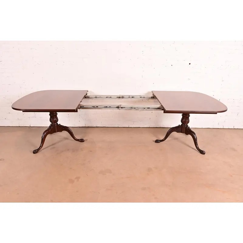 Drexel Heritage Georgian Banded Flame Mahogany Double Pedestal Extension Dining Table, Newly Refinished - Image 8