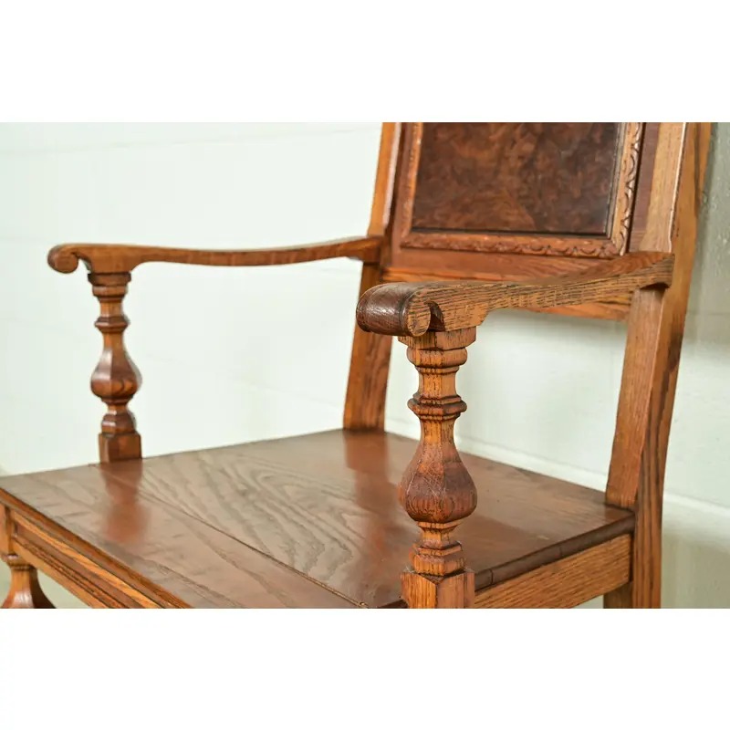 Early Romweber Antique English Jacobean Carved Oak and Burl Wood Armchairs, Pair - Image 8