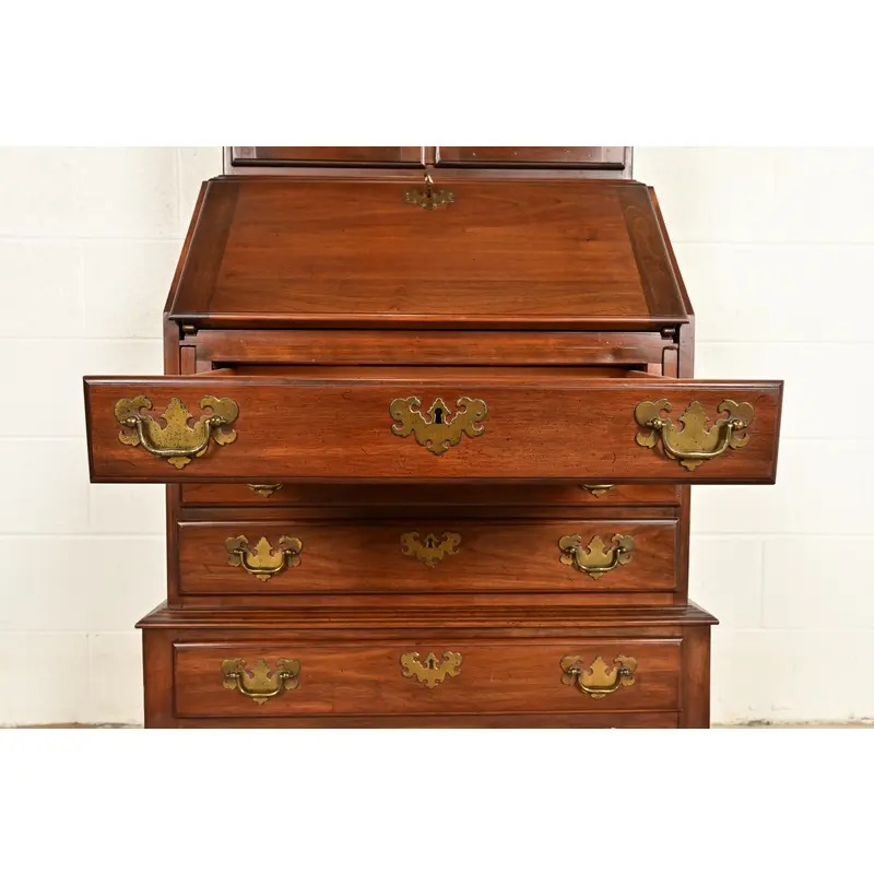 Ethan Allen Georgian Cherry Wood Bureau With Drop Front Secretary Desk and Bookcase Hutch, Circa 1970s - Image 8