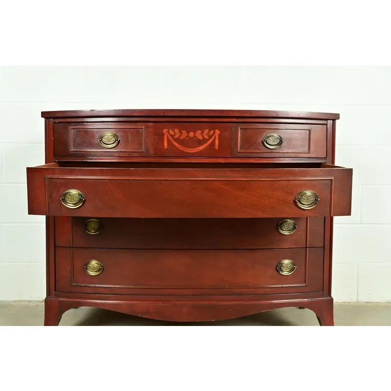 Federal Inlaid Mahogany Bow Front Dresser Chest by National Furniture, Circa 1960s - Image 8