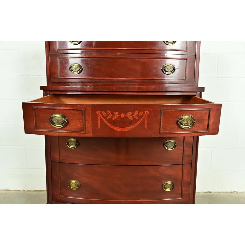 Federal Inlaid Mahogany Bow Front Highboy Dresser by National Furniture, Circa 1960s - Image 8