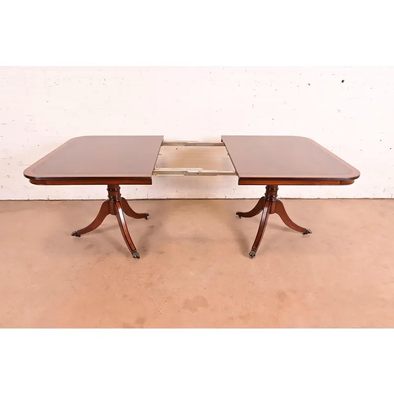 John Widdicomb Georgian Banded Mahogany Double Pedestal Extension Dining Table, Newly Refinished - Image 8