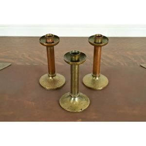Roycroft Arts & Crafts Brass Finished Hammered Copper Candlesticks, Set of Three