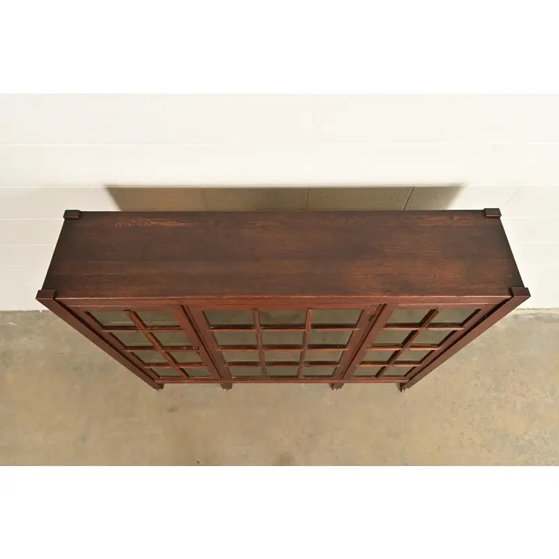 Stickley Brothers Style Antique Mission Oak Arts & Crafts Glass Front Triple Bookcase, Circa 1910 - Image 8