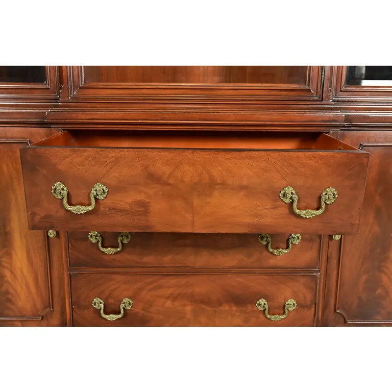 White Furniture Georgian Flame Mahogany Breakfront Bookcase Cabinet, Circa 1960s - Image 8